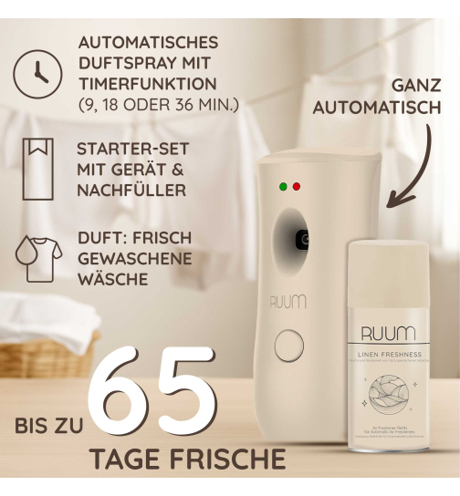 RUUM Raumduft Spender Automatisch + 250ml Nachfüller Linen Fresh Duft, 10,95 €